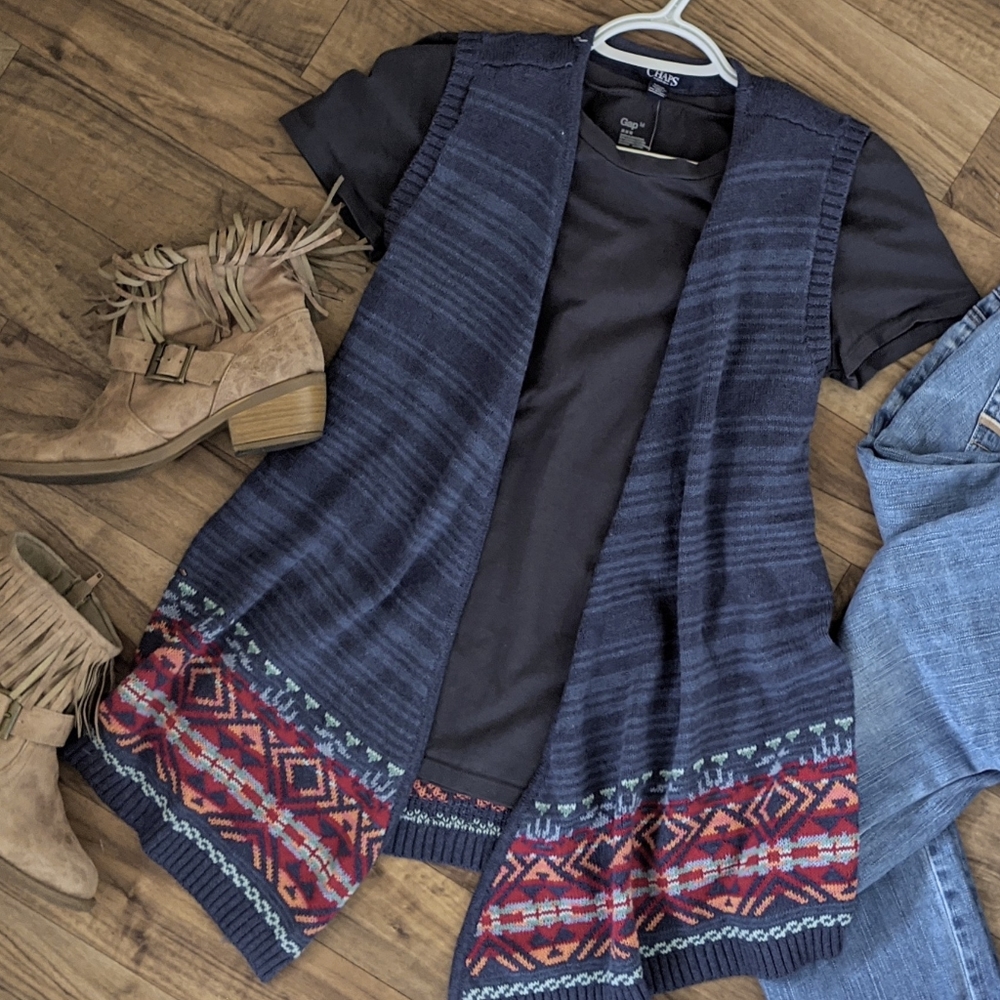 Chaps Open Front Blue and Tribal Print Boho